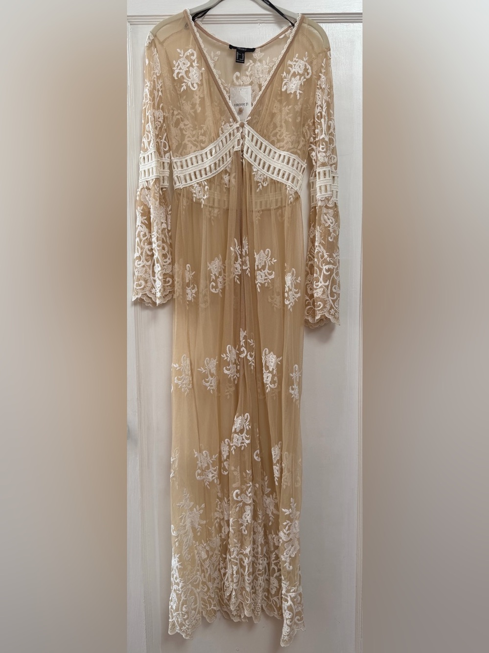 Forever 21 Beige Lace Embroidered Long Sleeve Maxi Dress